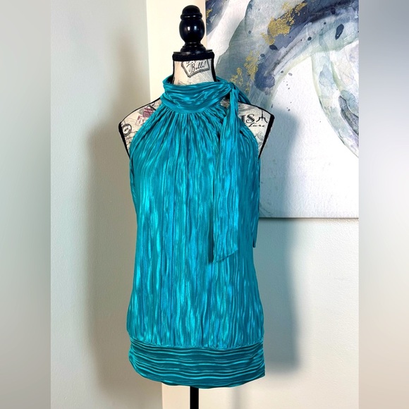 Halo Fashionista Turquoise HalterTop Pleated With Tie Side at Neck Size Medium - Picture 1 of 8